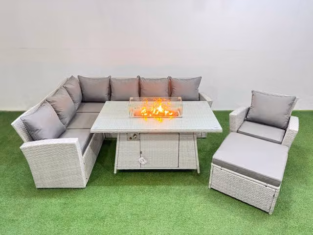 Fimous 8 Seat Rattan Garden Furniture Corner Sofa Set with Gas Fire Pit Table and Footstool in Light Grey