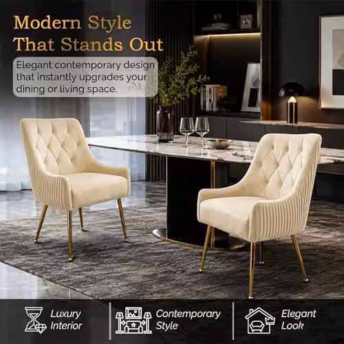 Hygrad Built to Survive Set of 2 Modern Upholstered Velvet Dining Chairs with Gold Metal Legs in Cream – 3