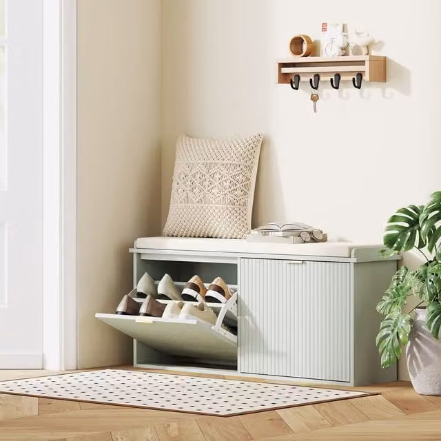 HOMCOM Shoe Storage Bench with Cushion and Flip-Drawer, Green, W: 104 cm, D: 26 cm, H: 47.5 cm
