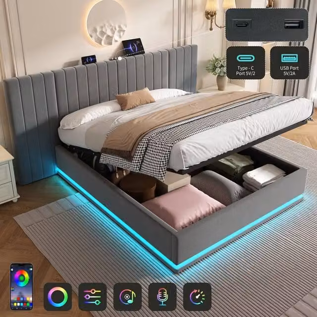 Matteo King Ottoman Storage Bed Frame in Grey Velvet with LED Lighting and USB Charging Station, W: 180 cm x D: 200 cm – 1