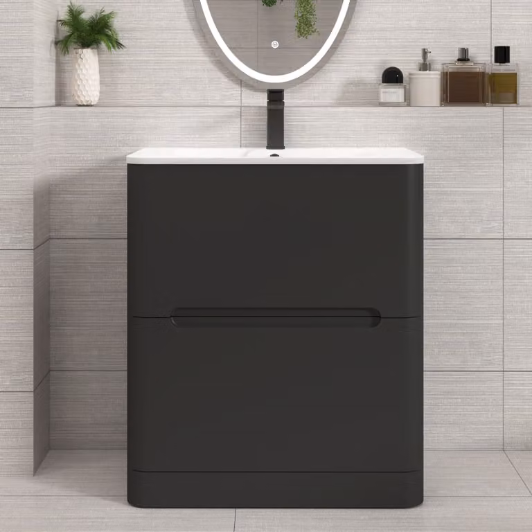 Royal Bathrooms Venice 700mm Matt Nocturne Black Floor Standing 2 Drawer Vanity Unit with Carrara White Basin