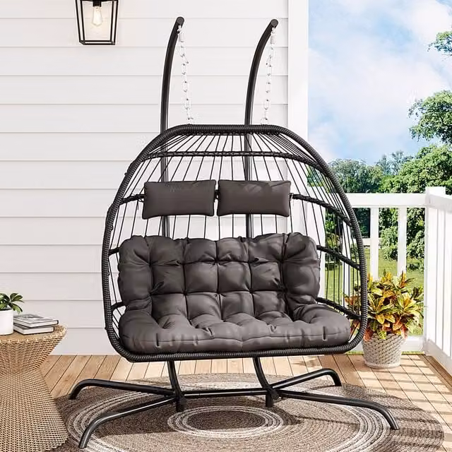 Lifeideas Double-Seater Rattan Hanging Chair with Four-Leg Base and Cushions, Black