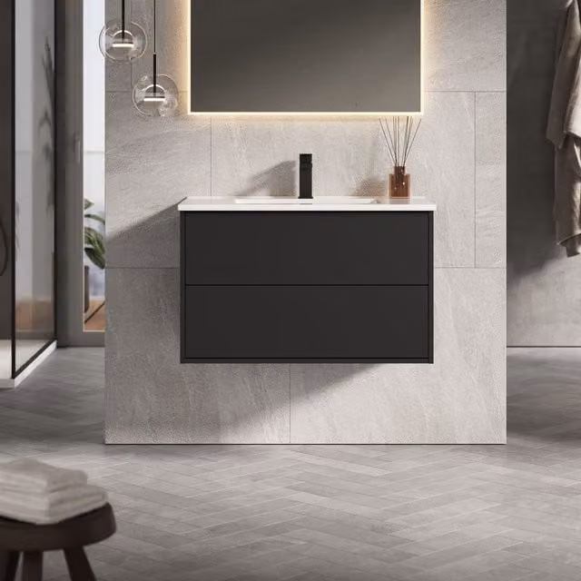 Banyetti Venti 800mm Wall Hung Vanity Unit with Lira Basin, Matt Black (W: 80 cm, D: 45 cm, H: 48 cm)