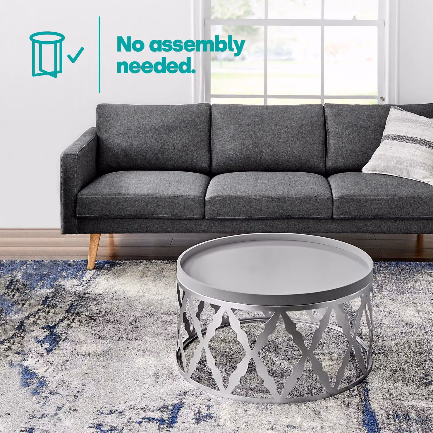 LIVIVO Round Coffee Table with Silver Damask Floral Metal Frame in Metallic Silver and Grey – 3