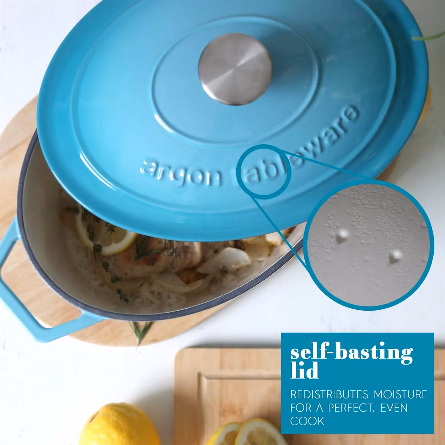 Argon Tableware 2x Oval Cast Iron Casserole Dishes with Self Basting Lids in Petrol Blue, 4.68L – 4