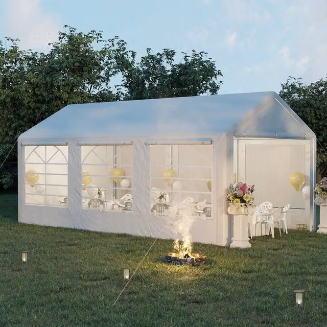 Outsunny Silver Garden Gazebo Marquee Carport with Gable Roof and Windows W: 600 cm, D: 300 cm