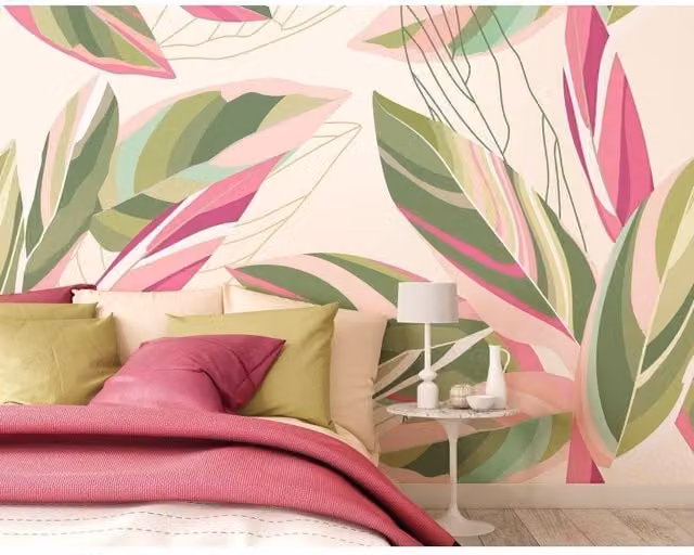 Origin Murals Botanical Calathea Leaves Wall Mural in Pink, W: 350 cm, H: 280 cm