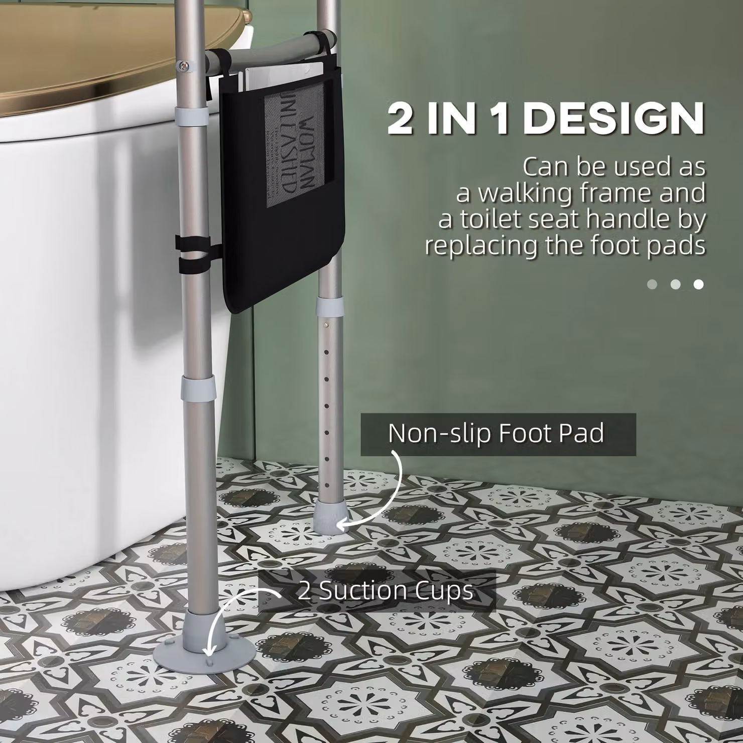 HOMCOM Height and Width Adjustable Aluminium Toilet Frame Grab Bar with Tips Storage in Silver – 4