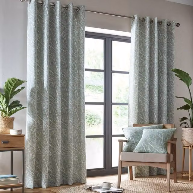 Portfolio Home Madison Botanical Leaves Fully Lined Eyelet Curtain Set in Green, W: 117 cm, H: 137 cm