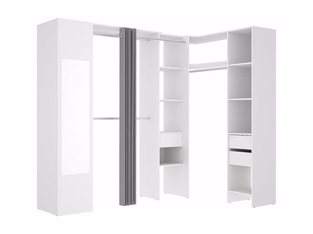 Vente-unique Modern Corner Wardrobe in White and Grey with Mirror and Integrated Drawers, W/D/H: 231.5 x 141.0 x 205.0 cm – 2