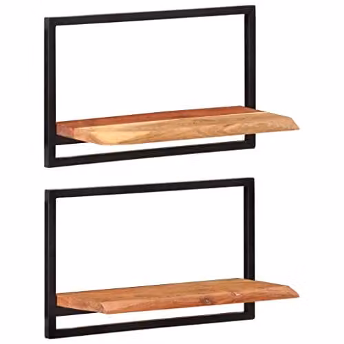 vidaXL Set of 2 Industrial Wall Shelves in Brown Acacia Wood and Steel, W/D/H: 60 x 25 x 35 cm – 1