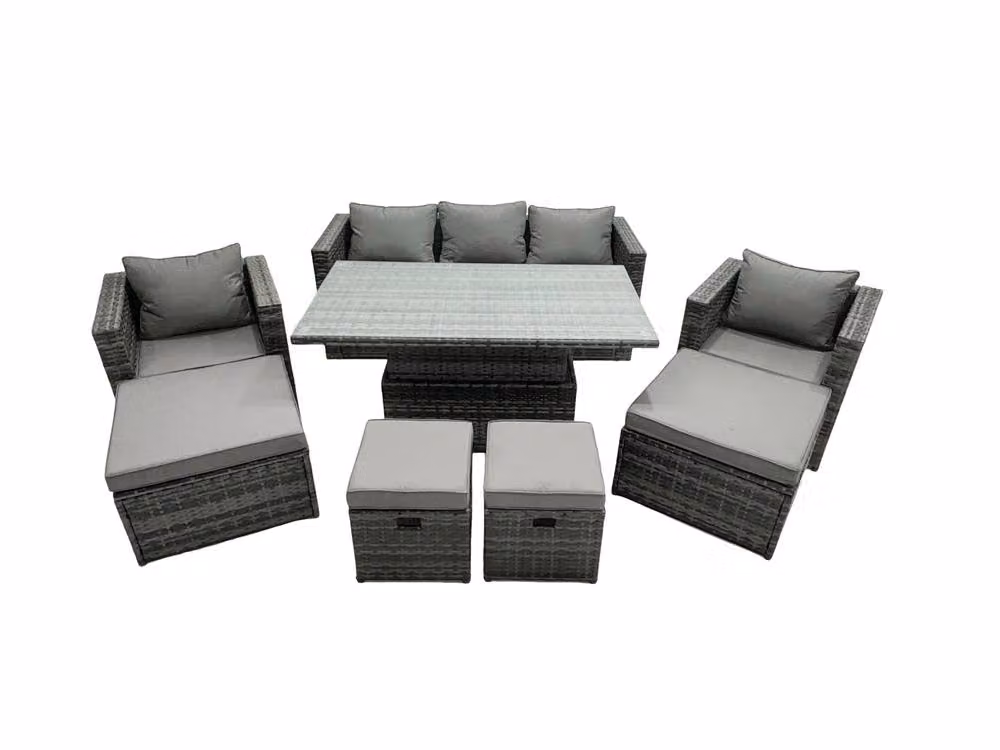 Fimous Rattan Lounge Sofa, Rising Dining Table and 4 Footstools Set in Dark Grey – 2