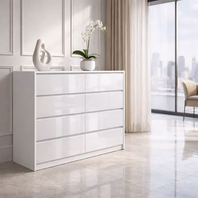 Harmin 8 Drawer High Gloss White Chest of Drawers with Sleek Handleless Design – 1