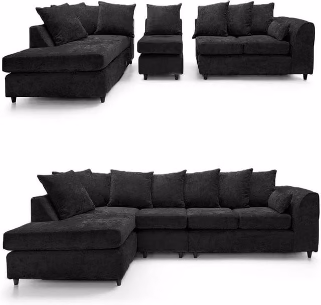 Furnishings For Less UK Monaco Black Chenille Fabric 5 Seater L Shaped Corner Sofa, Left Hand Facing