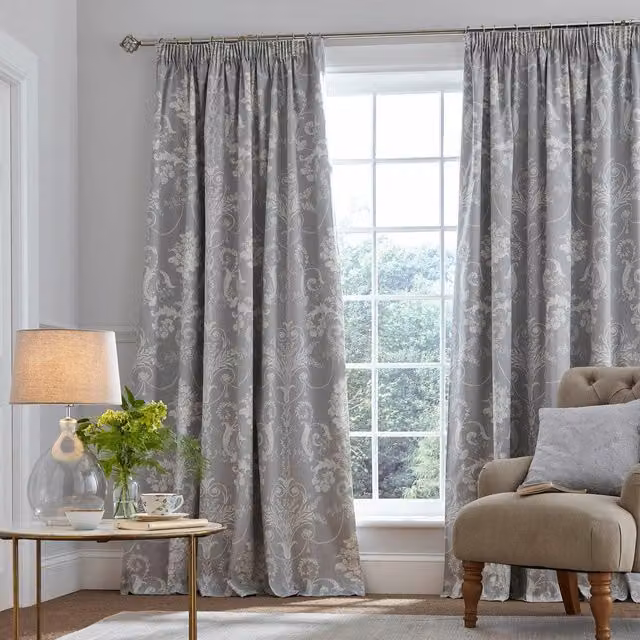 Laura Ashley Josette Blackout Curtains in Silver Grey Damask Cotton with Pencil Pleat Tape