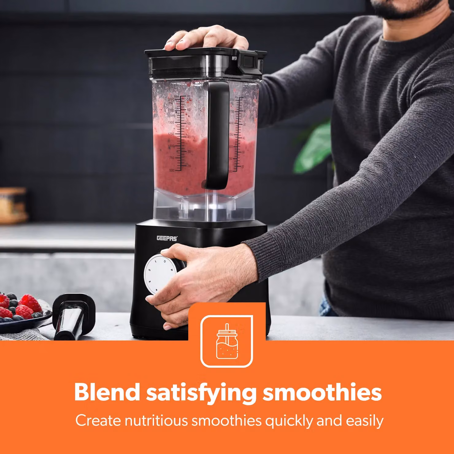 Geepas 2000W High-Speed Professional Blender with 2L Jug, 5 Speeds and Pulse Function in Black – 3