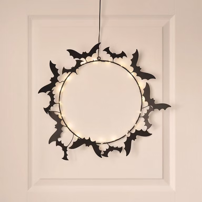 Lights4fun Black Bat LED Halloween Wreath, 43 cm