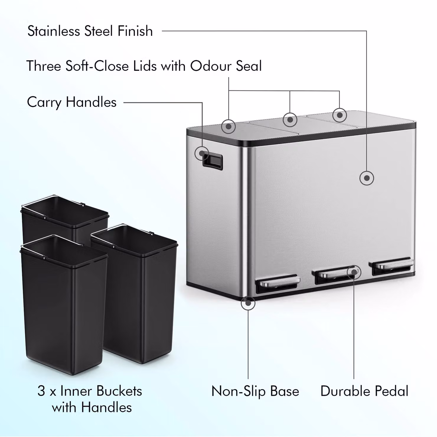 VonHaus 45L 3 Compartment Kitchen Waste and Recycling Bin in Metallic Silver (3 x 15L) with Soft Close and Removable Inner Buckets, W/D/H: 34.5 x 44.0 x 61.5 cm – 6