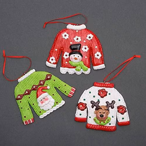 Shatchi Set of 3 Multicolour Ceramic Christmas Tree Hanging Jumpers with Santa, Snowman and Reindeer Figures
