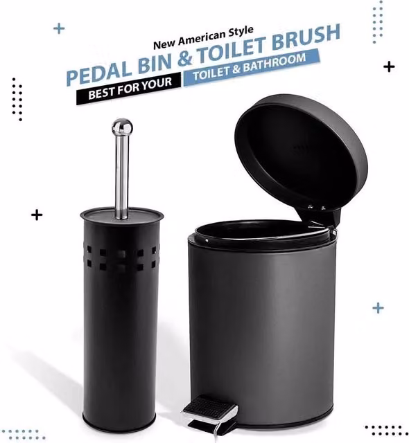 EONLION Black 3L Pedal Bin and Matching Toilet Brush Set
