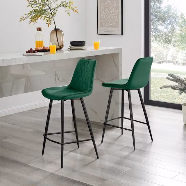 FurnitureboxUK Pesaro Set of 2 Green Velvet Counter Stools with Black Metal Legs – 1