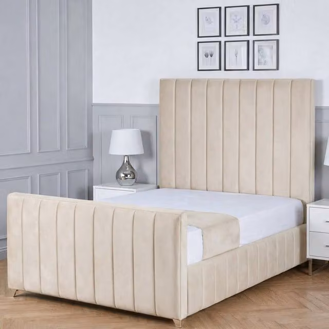 Living Comfort Bedz Zenith Upholstered Velvet Gas Lift Storage Bed in Beige, W/D/H: 140 x 200 cm