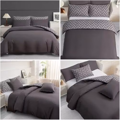 Pamposh King Size Reversible Microfibre Duvet Cover Set in Grey with Pillowcases and Zipper Closure – 3