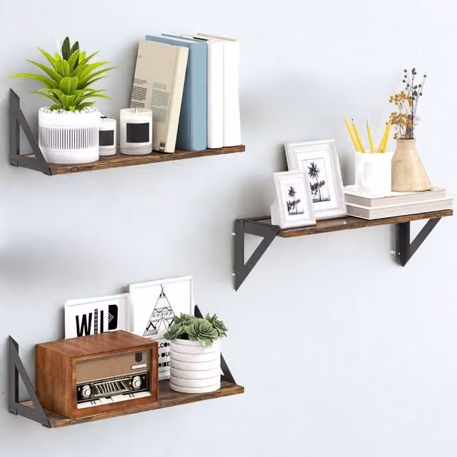 FURNOS 3-Piece Industrial Wall Mounted Reversible Floating Shelves in Brown and Black