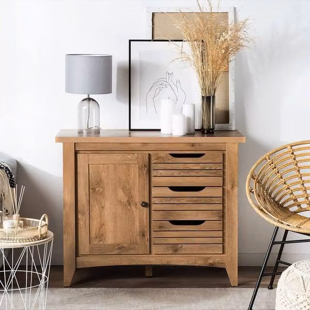 Wyld and Coco Rustic Brown Wood Sideboard with 3 Drawers, W/D/H: 99 x 43 x 80 cm