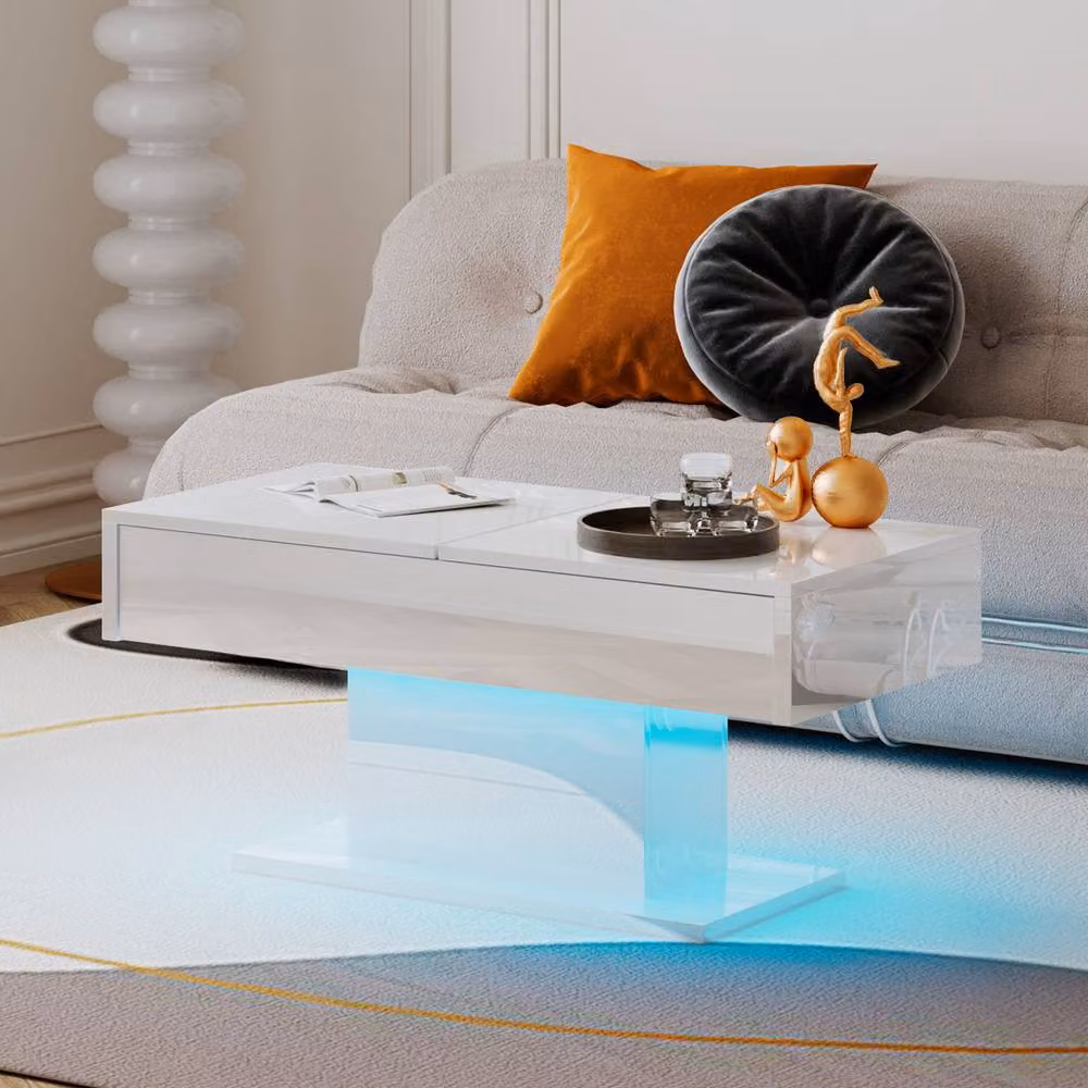 KEEPREAPER Modern Rectangular Coffee Table with Sliding Top and Hidden Storage in Glossy White – 2