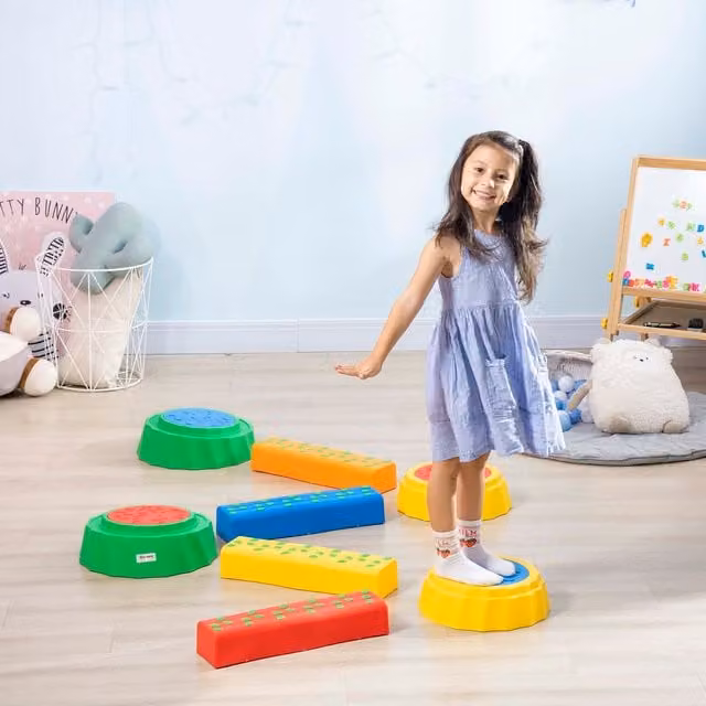 Outsunny Kids Stepping Stones Balance Bridge Set, Multicolour/Red, W/D/H: 37.5 x 37.5 x 37.5 cm