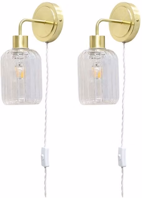 First Choice Lighting Toby Set of 2 Plug in Wall Lights in Gold and Brass with Transparent Glass Shades