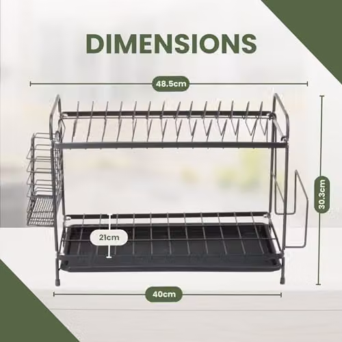 Tanness 2-Tier Black Dish Drainer Rack with Utensil Holder and Drip Tray, W/D/H: 30.0 x 21.0 x 21.0 cm – 6