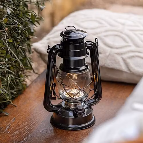 Lights4fun Black Metal Vintage LED Camping Hurricane Lantern, Dimmable, H 24.5 cm x W 15 cm x D 11.5 cm – 2