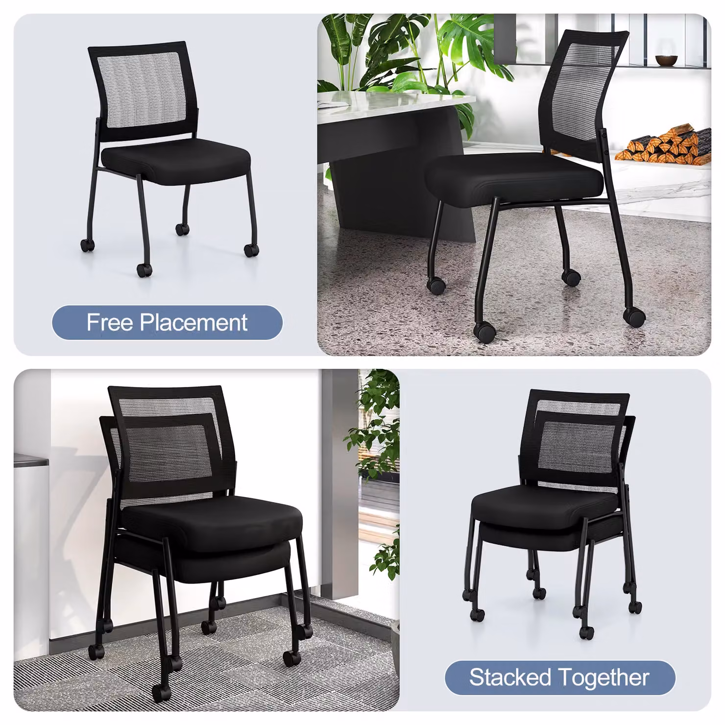 Gymax Set of 2 Stackable Black Mesh Back Office Reception Chairs with Castors – 2