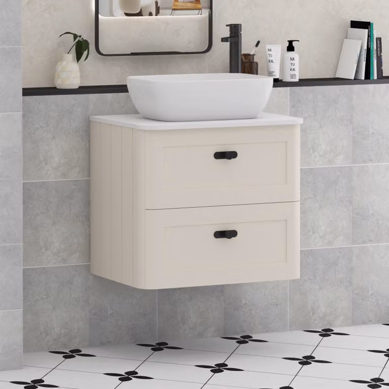 Royal Bathrooms Henley 600mm Wall Hung Vanity Unit in Mushroom Cashmere with Plain White Worktop, Elva Basin and Matt Black Knob