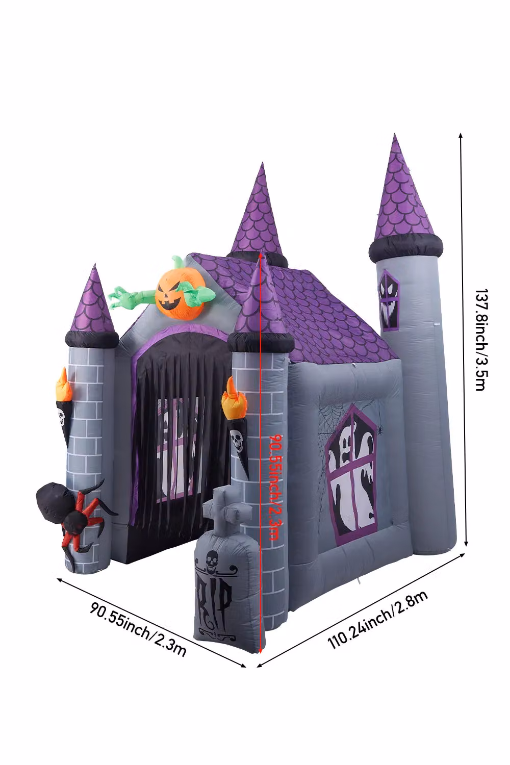 Living and Home Multicolour Halloween Light-Up Inflatable Castle Arch with Towers, Torches, Spiders and Tombstones for Outdoor Yard and Party Decoration, W/D/H: 230 x 280 x 350 cm – 3