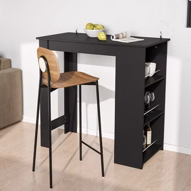 Livingandhome Modern Black Rectangular Dining Bar Table with 3 Storage Shelves