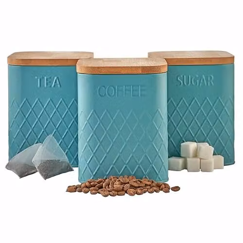 Cooks Professional 5 Piece Square Kitchen Storage Cannister Set with Bamboo Lids in Petrol Blue Stainless Steel – 4