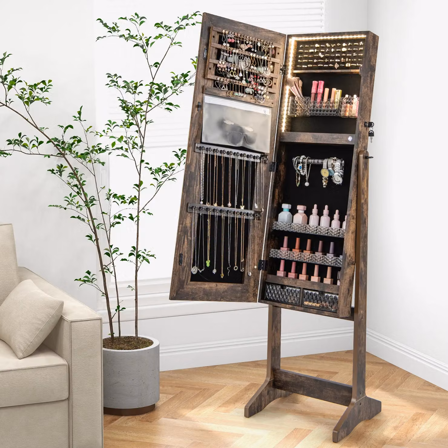 Costway Lockable Standing Jewelry Armoire with LED Lighting and Glass Doors in Brown – 4