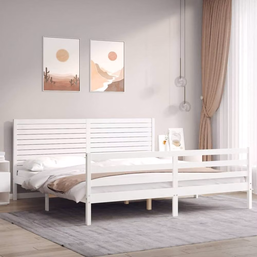 Berkfield Home Solid Wood Pine Bed Frame with Headboard in White, 200 x 200 cm – 2