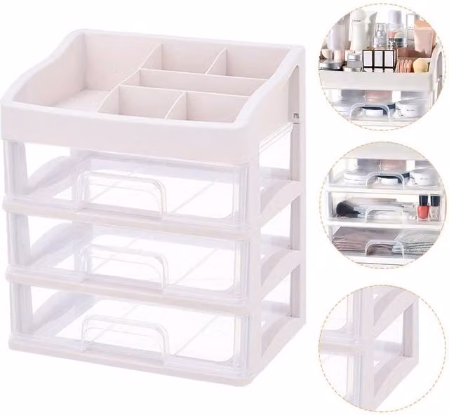 Garden Sanctuary Plastic Makeup Organizer with 3 Drawers in Grey and White, W/D/H: 31.0 x 27.5 x 17.0 cm