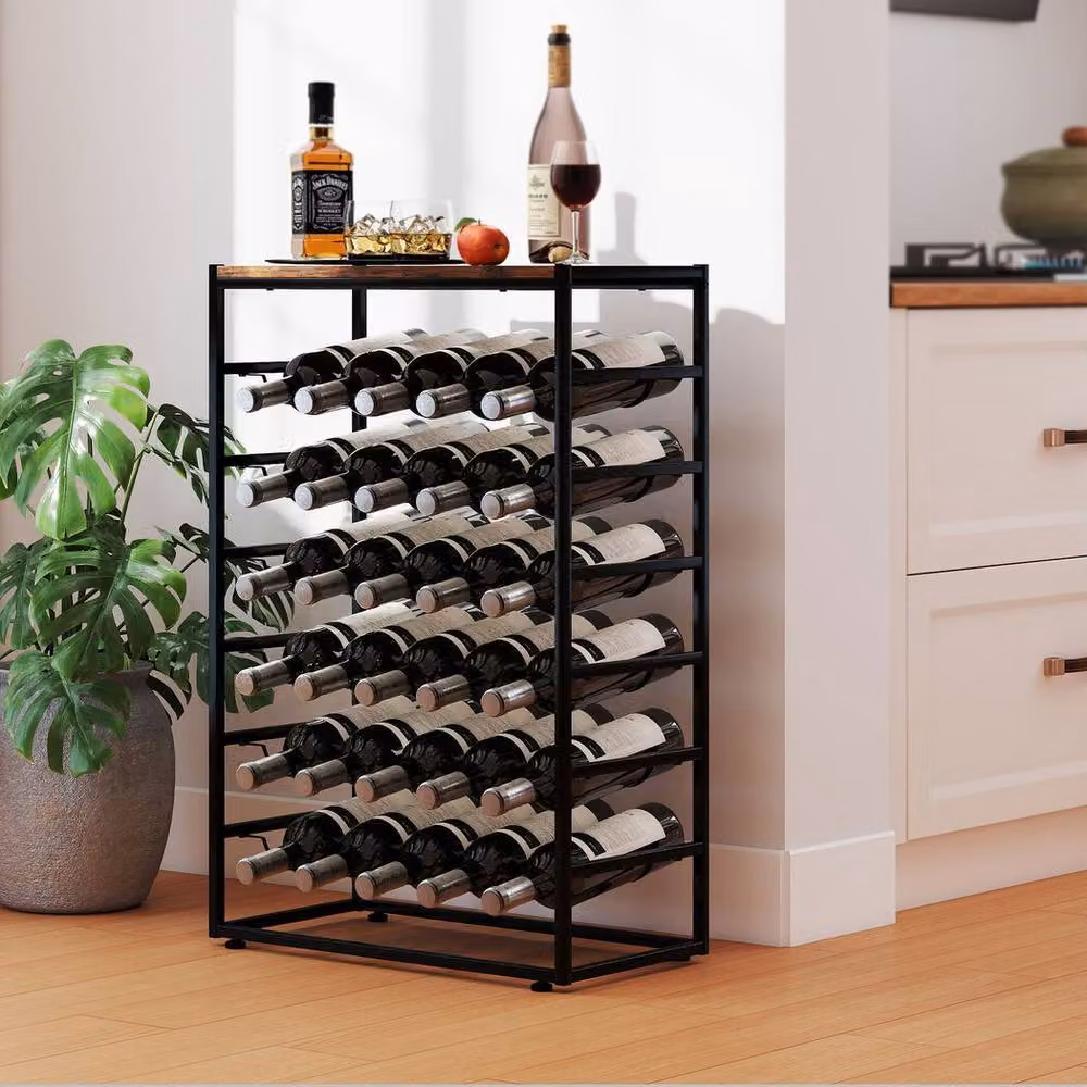 Levede 30 Bottle Metal Freestanding Wine Rack with Wooden Top, 6-Tier Industrial Floor Standing Wine Storage Shelf in Black and Brown, W: 59 cm, D: 30 cm, H: 88 cm – 2