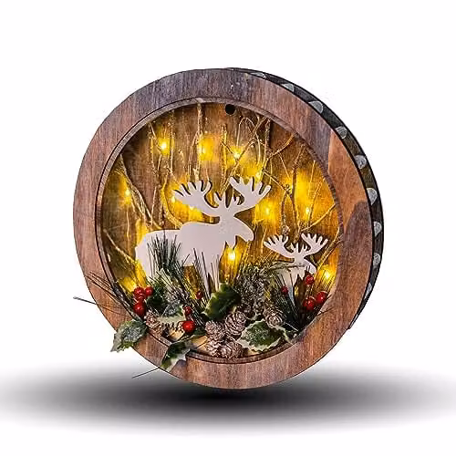 Shatchi Wooden Christmas Reindeer Scene Tabletop Centrepiece, Wreath Shape, Brown and Red, W30 x D4.5 x H30 cm