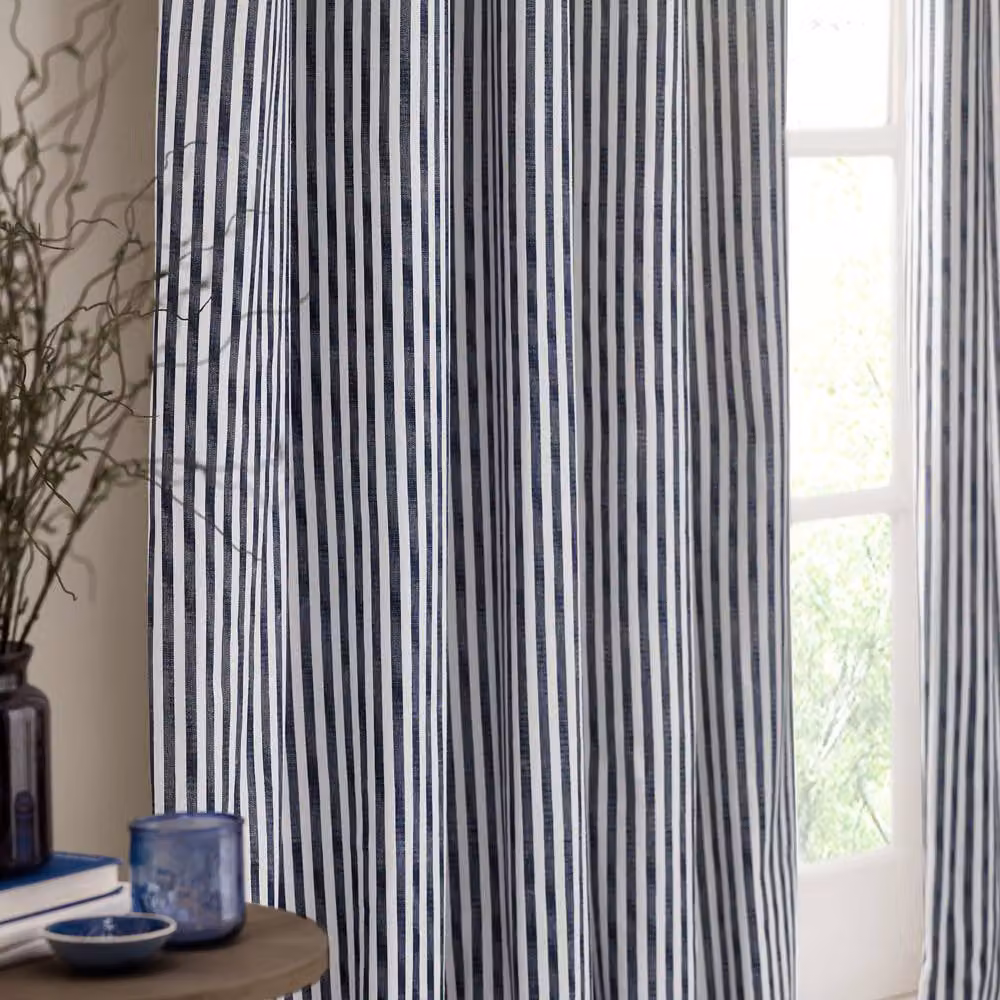 Yard Hebden Navy Blue Striped 100% Cotton Blackout Pencil Pleat Curtain Pair, Width: 168 cm, Drop: 137 cm – 2