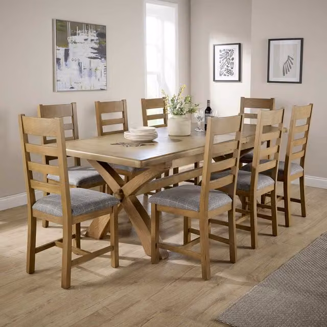 Home Source Rustic Oak Extending Rectangular Dining Table and 8 Grey Checked Upholstered Chairs