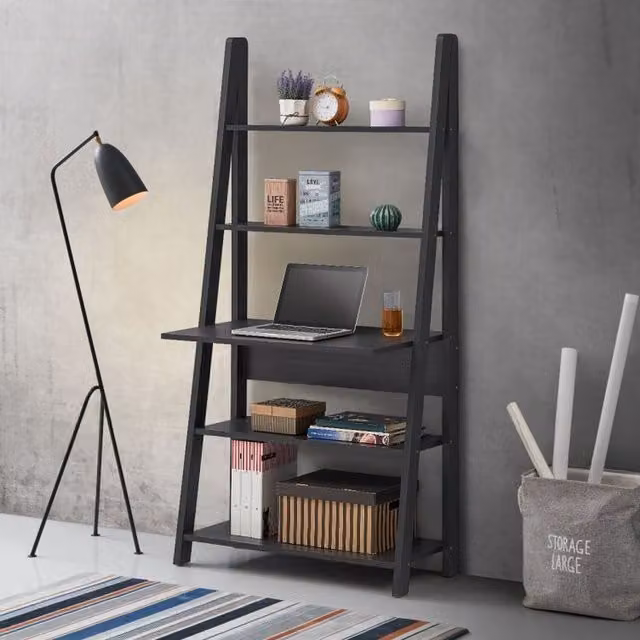 Timber Art Design Riva Tall Ladder Desk Bookcase with 5 Tier Shelves in Black