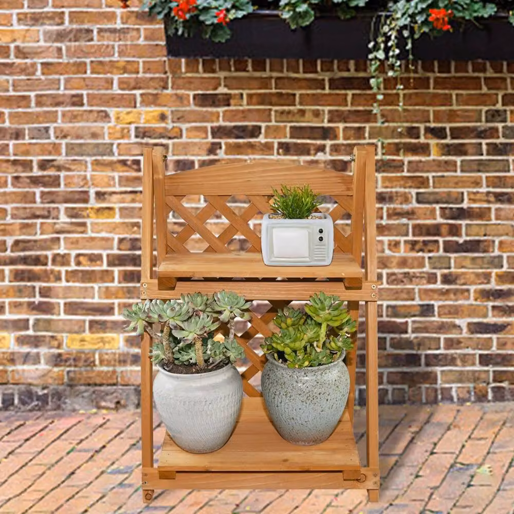 EONLION 2 Tier Wooden Garden Planter Rack Flower Display Stand, Brown, W/D/H: 49 x 35 x 35 cm – 3