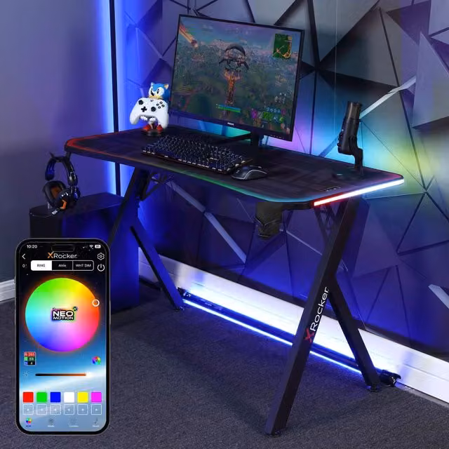 X Rocker Lumio LED Gaming Desk in Black with Mousepad, Cupholder and Headphone Hook