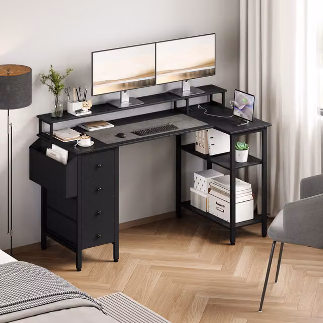 Yaheetech L-shaped Computer Desk with Monitor Stand in Black